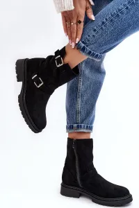 Semišové čierne dámske členkové topánky na plochých podpätkoch s prackami - 36