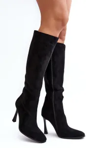 Zateplené dámske čierne čižmy pod kolená na podpätkoch - 39