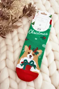 Červeno-zelené ponožky s vianočnými motívmi a psíkom - 35–38