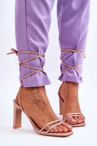 Béžové elegantné šnúrovacie trblietavé sandále - 36