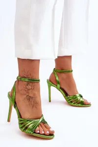 Lesklé zelené sandále pre ženy na ihlicovom podpätku - 36