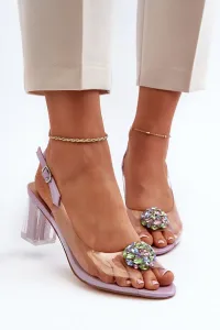 Priehľadné sandále na stĺpikovom podpätku s fialovým zdobením - 40