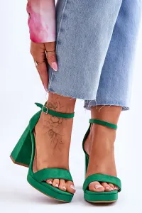 Tmavo-zelené semišové sandále na vysokých masívnych podpätkoch v tvare bloku - 40
