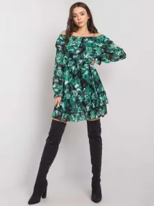 Tmavo-zelené kvetinové šaty s volánmi a odkahelnými ramenami - UNI