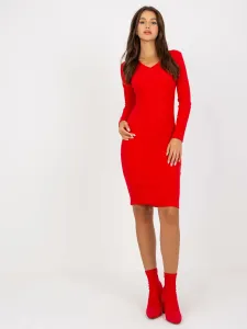 Dámske červené šaty s výstrihom do V a dlhými rukávmi - UNI