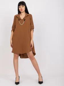 Hnedé voľné asymetrické šaty s vyhrnutými rukávmi - UNI