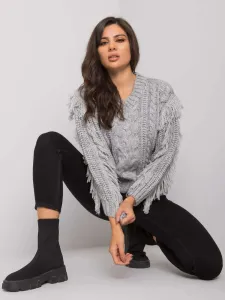 Sivý pletený sveter s vrkočovým vzorom a strapcami - UNI