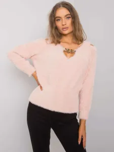 Krátky svetlo-ružový elegantný sveter s ozdobou vo výstrihu Leandre RUE PARIS - UNI