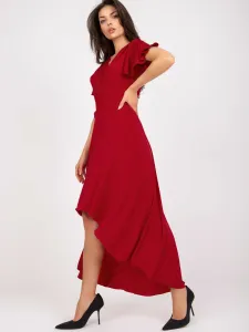 Tmavo-červené dlhé asimetrické spoločenské šaty s krátkym rukávom - 44