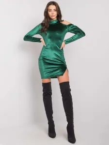 Tmavo-zelené velúrové šaty s rozparkom a dlhým rukávom - L