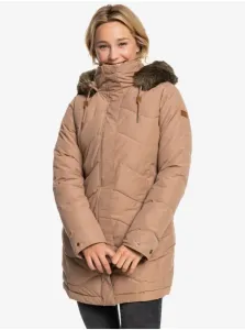 Svetlohnedá dámska predĺžená prešívaná zimná bunda s kapucou a kožúškom Roxy Ellie #723730