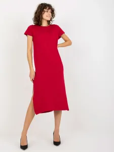 Tmavo-červené midi šaty s krátkym rukávom a rozparkom - S