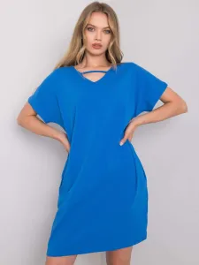 Ľahké modré voľné šaty s krátkym rukávom a vreckami - L/XL