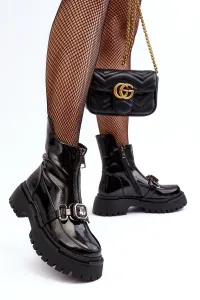 Čierne dámske platformové členkové topánky s predným zipsom a ozdobou - 40