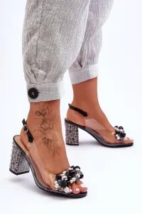 Čierne priesvitné sandále so zdobeným podpätkom a farebnými korálkami - 36