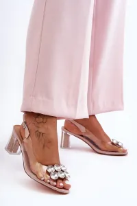 Svetlo-ružové priesvitné elegantné sandále s trblietavými kamienkami - 38