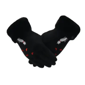 Semišové rukavice s vyšitou mačkou a kožušinkou Farba: čierná