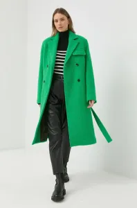 Vlnený kabát Samsoe Samsoe Milena zelená farba, prechodný, dvojradový #6193194