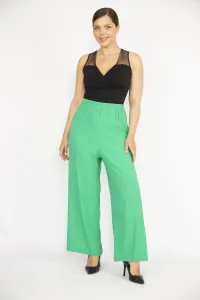 Şans Women's Green Large Size Elastic Waist Wide Leg Aeorobin Fabric Trousers