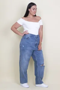 Şans Women's Large Size Blue Ripped Detailed High Waist Length Friend Jeans