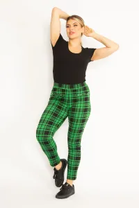 Şans Women's Plus Size Green Checkered Leggings With Zippered Ornamental Pockets