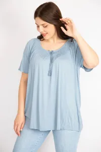 Şans Women's Baby Blue Plus Size Collar Gimped Elastic And Ornamental Laced Blouse