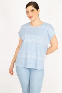 Şans Women's Baby Blue Large Size Cotton Fabric Low Sleeve Patterned Blouse #9128533