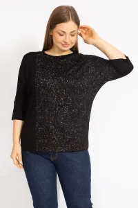 Şans Women's Black Large Size Glitter Detailed Long Sleeve Blouse