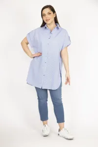 Şans Women's Blue Large Size Sleeve Epaulettes Side Slits Striped Shirt
