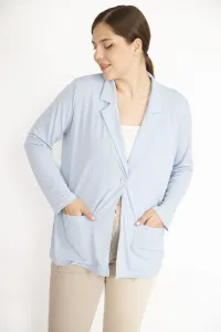 Şans Women's Blue Large Size Single Button Unlined Pocket Cardigan