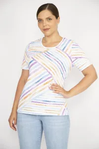 Şans Women's Colorful Large Size Cotton Fabric Crew Neck Short Sleeve Blouse