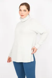 Şans Women's Gray Large Size Turtleneck Collar Soft Fabric Self-Striped Tunic