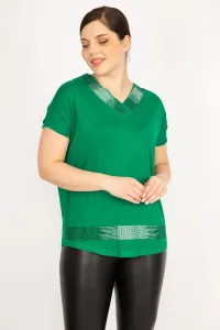 Şans Women's Green Plus Size Collar and Skirt Stone Detailed V-Neck Blouse