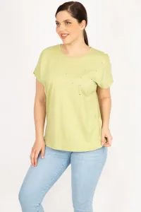 Şans Women's Green Plus Size Cotton Fabric Stone Detail Blouse #9057949