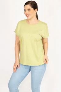 Şans Women's Green Plus Size Cotton Fabric Stone Detail Blouse #9065819