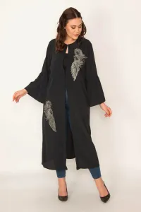 Şans Women's Large Size Black Applique Detailed Single Lace Closed Cape