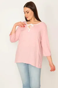 Şans Women's Large Size Pink Kiss Collar Piping Capri Sleeve Blouse #9156984