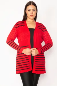 Şans Women's Plus Size Red Openwork Knitted Striped Sweater Cardigan
