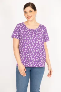Şans Women's Lilac Large Size Cotton Fabric Short Sleeve Patterned Blouse #9128801