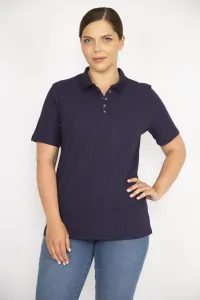 Şans Women's Navy Blue Large Size Polo Neck Front Placket Buttoned Camisole Fabric Short Sleeve Blouse