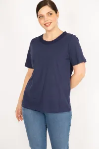 Şans Women's Navy Blue Large Size Cotton Fabric Collar Lace Blouse