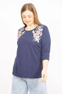 Şans Women's Navy Blue Plus Size Cotton Fabric Shoulder Printed Blouse