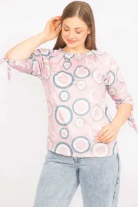 Şans Women's Pink Plus Size Blouse with an Elastic Collar and Lace-Up Sleeves
