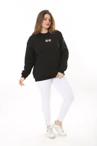 Şans Women's Plus Size Black Cotton Fabric Back Printed Sweatshirt