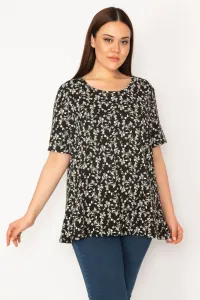 Şans Women's Plus Size Black Cotton Fabric Crew Neck Floral Patterned Tunic