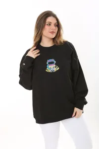 Şans Women's Plus Size Black Cotton Fabric Embroidered Sweatshirt