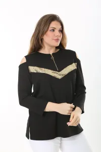 Şans Women's Plus Size Black Decollete Decollete Robe Zippered Sequin Detailed Blouse