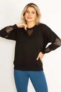 Şans Women's Plus Size Black Fishnet Detailed Sweatshirt