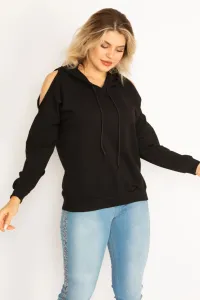Şans Women's Plus Size Black Hooded Sweatshirt with Decollete