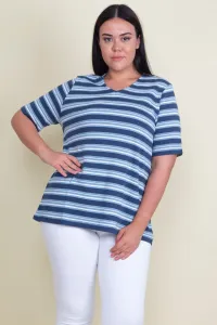 Şans Women's Plus Size Blue Cotton Fabric V-Neck Striped Blouse